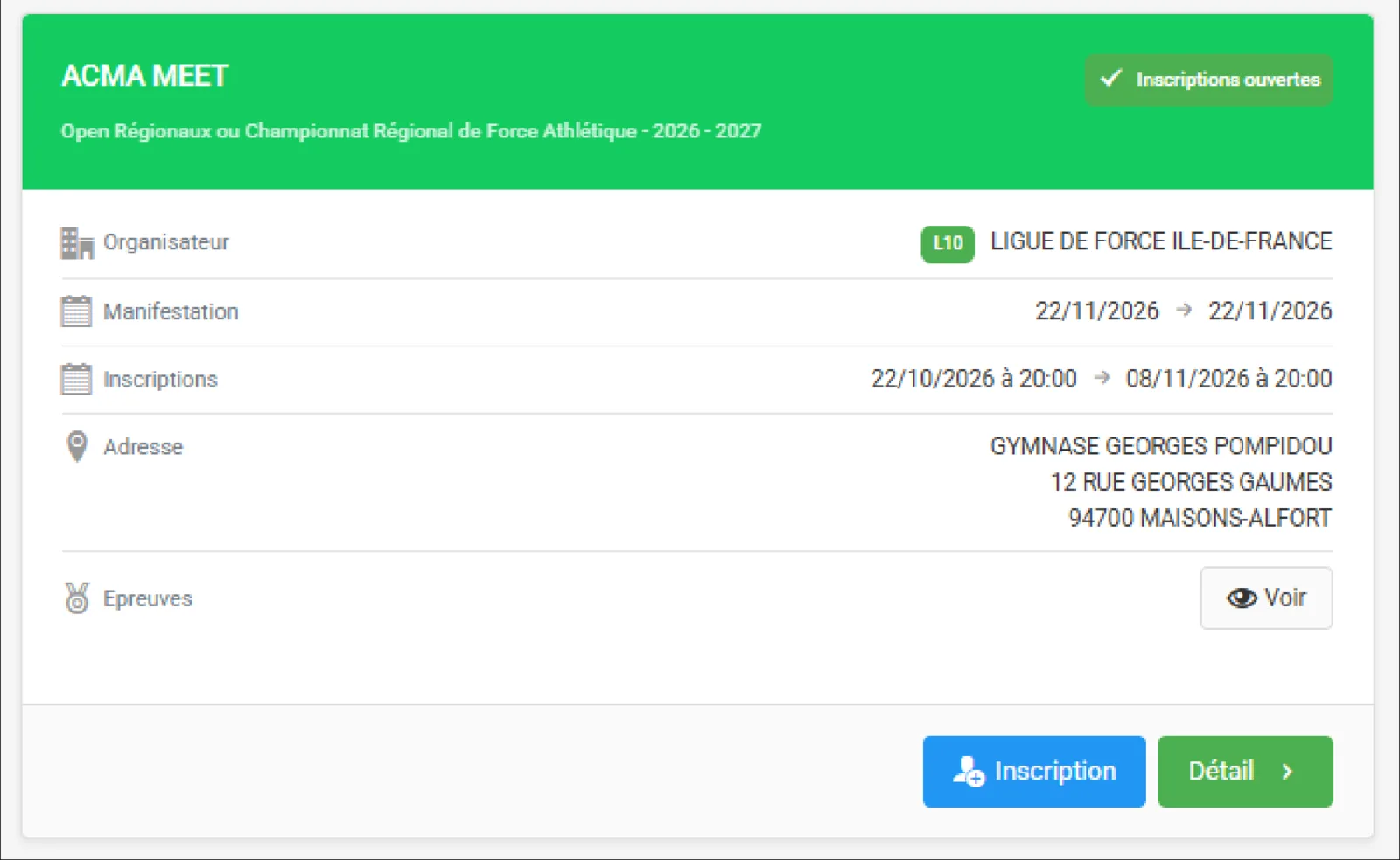 A competition page in the FFForce account, with the blue Inscription button